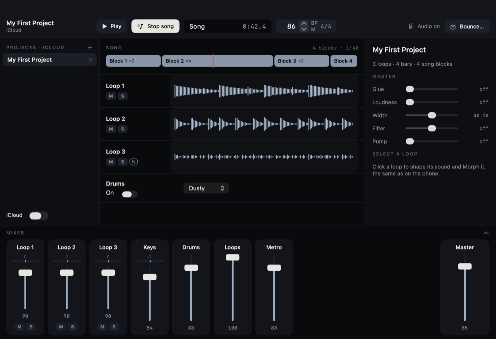 Loopstack Pro: the song as blocks, loop lanes, master effects and the mixer