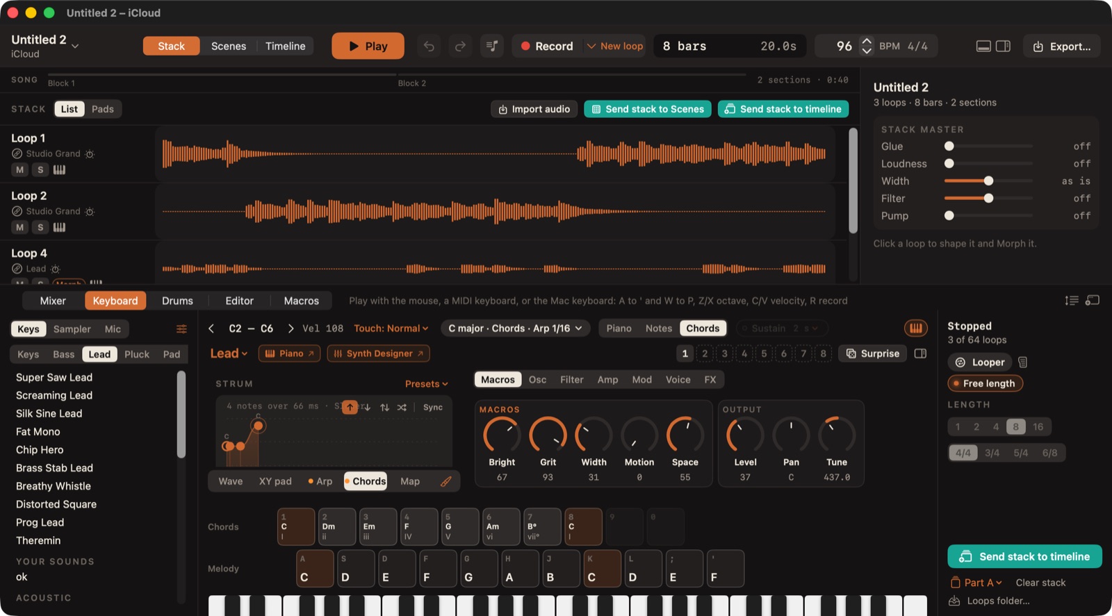 La pile de Loopstack Pro avec le panneau clavier : sons, macros, accords et strum
