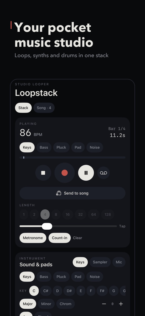 Loopstack's main screen: tempo, record, the loop length and the pads
