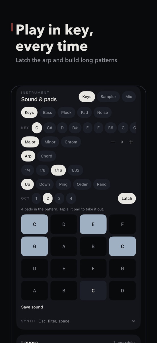 Loopstack's keys: synth sounds on in-key pads