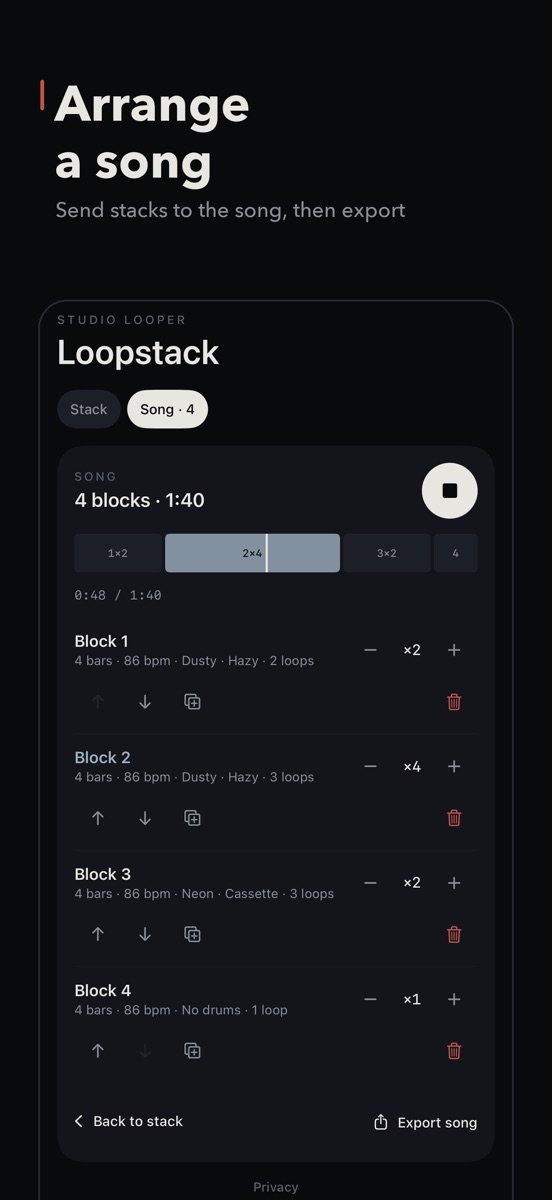 Song mode with blocks